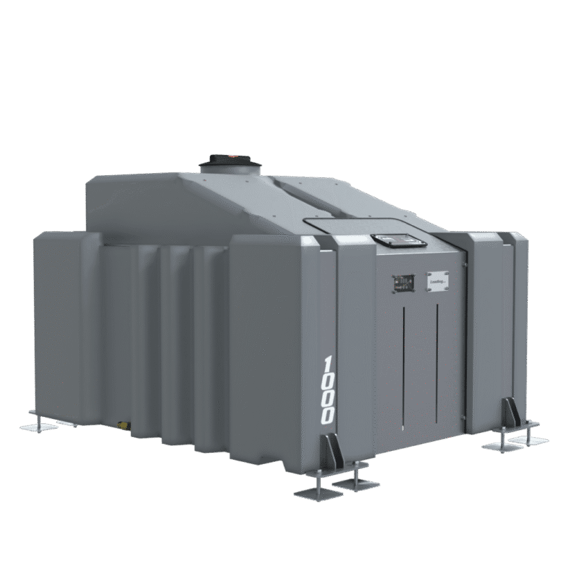 The 1000L Tank, Frame and Door Platform is a large grey ribbed storage tank for WFP or Van Mounted Systems, with metal supports, top hatch, digital display panel, and "1000" marked vertically on one side.