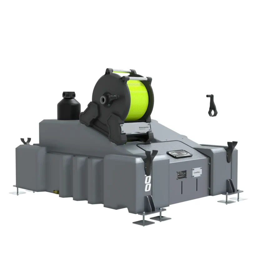 A large grey 1 Man 500L Pure Water Window Cleaning System (DI) with a manual reel holding bright yellow-green cable, metal corner supports, and front electronic control panels. Two black clamp-like tools are nearby.