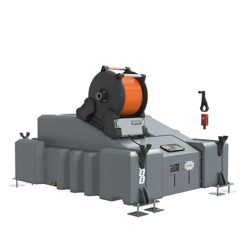 The 1 Man 500L Buy Window Cleaning System (Delivery) with PowerUP Electric Reel is a robust, grey unit with an orange cable spool and stable base, featuring control panels and multiple attachment points for efficient window cleaning.