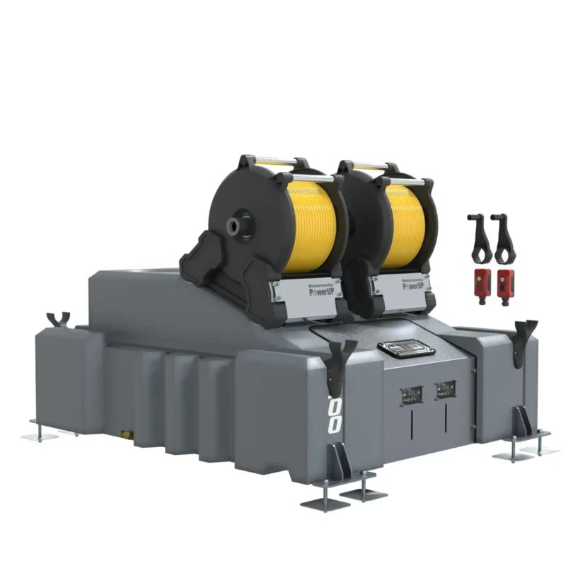 The 2 Man 500L Pure Water Window Cleaning System (Delivery) with Electric Reels features a grey base, control panel, two yellow electric reels on top, two red electrical connectors on the side, and sturdy metal footings.