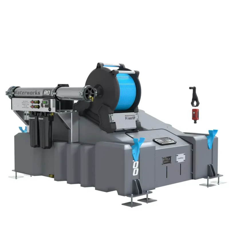 The 1 Man 500L Van Mounted System (RO) with Electric Reel features a blue hose reel, control panel, attached filters, and robust base with handles—ideal for pure water window cleaning applications.