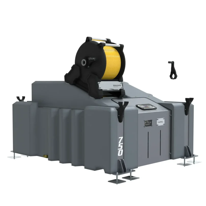 The 1 Man 750L WFP System (Delivery) with Waterworks Manual Hose Reel features a large industrial winch with a yellow spool on a grey base labelled 750, control panels, stabilising feet, and a black hook—perfect for Van Mounted Systems.