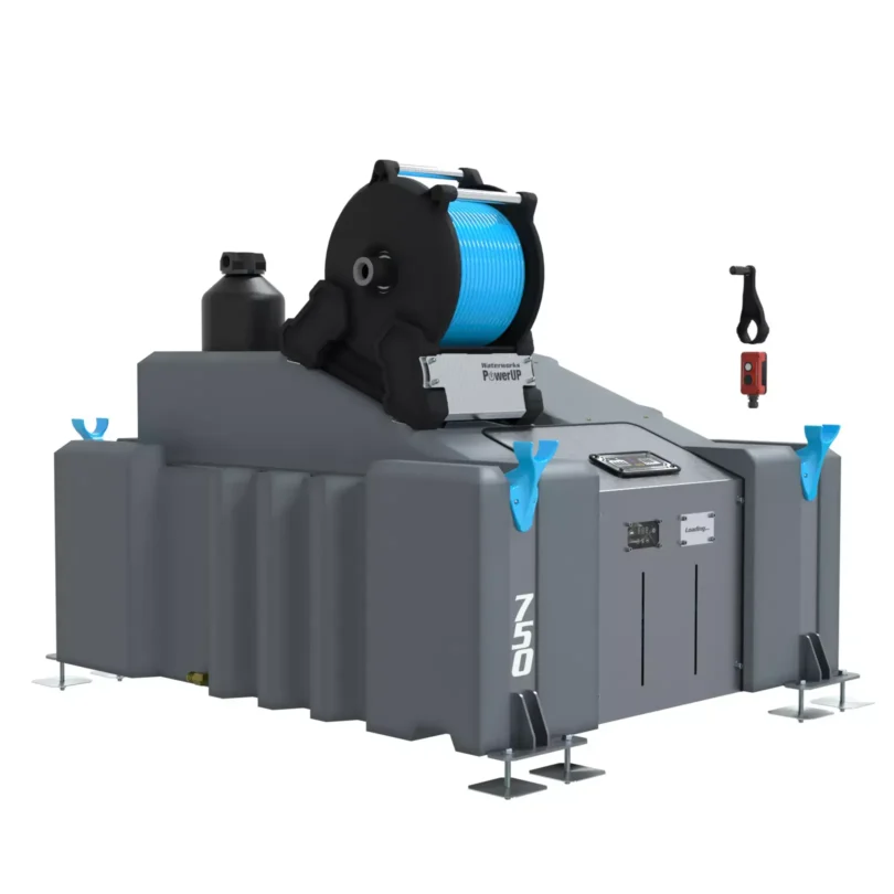 The 1 Man 750L Buy Window Cleaning System (DI) with Electric Reel is a large grey winch machine featuring a blue cable spool, "750" label, multiple control panels, brackets, and metal stabilisers for window cleaning support.