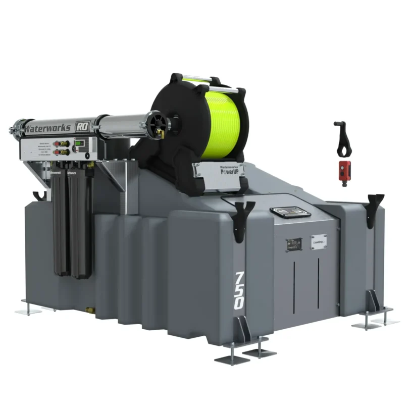 The 1 Man 750L Water Fed Pole System (RO) with Electric Reel features a grey “750” base, electric spool for yellow-green cable, metal arms, and control panels—engineered as a robust solution for heavy-duty window cleaning.