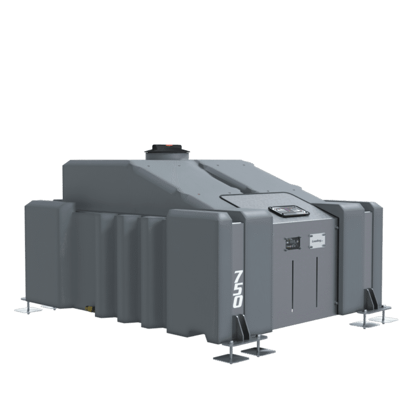 The 750L Tank, Frame and Door Platform features a large grey fuel storage tank with capacity label, control panels, and sturdy metal support feet—ideal for Van Mounted Systems—shown isolated on a white background.