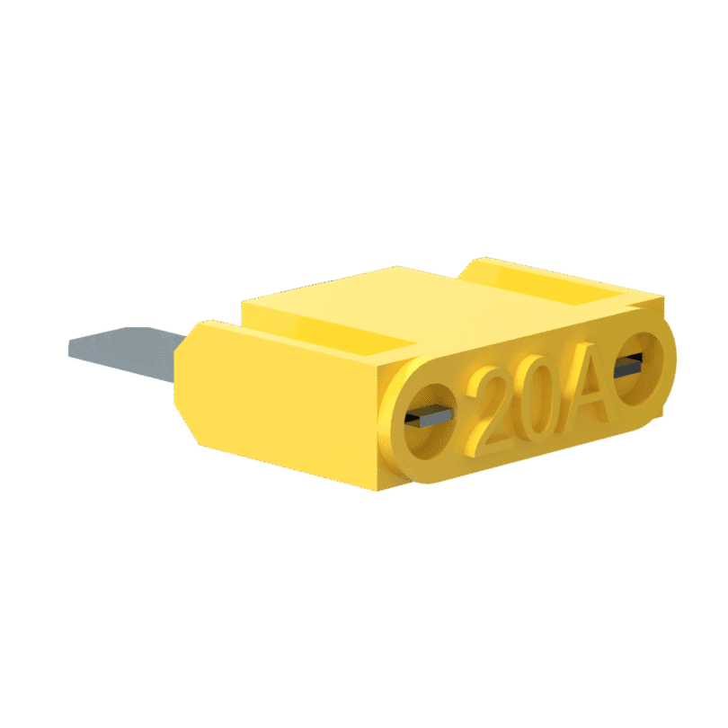The New PowerUP 20a Maxi Fuse is a yellow automotive blade fuse labelled 20A with metal prongs, commonly used in van-mounted or pure water window cleaning systems, shown isolated on a white background.
