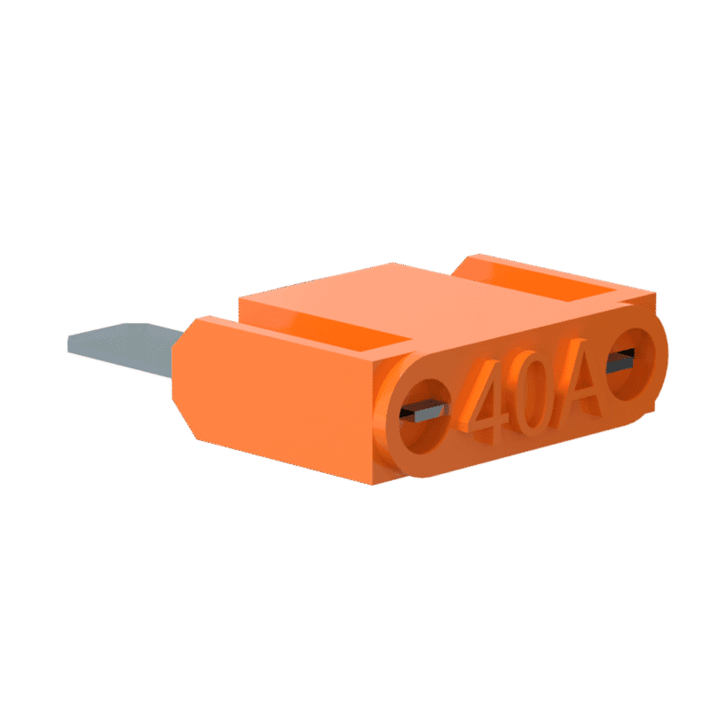 The PowerUP 3D 40a Maxi Fuse is an orange, rectangular blade fuse with "40A" embossed on top. Rated for 40 amps, it has flat metal prongs and is commonly used in Van Mounted or WFP Systems.