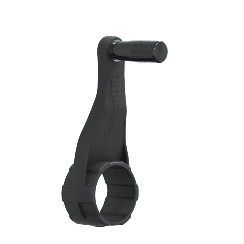 The Retro-fit Winding Handle is a black plastic tool with a gear-like base and upright handle, featuring a horizontal peg on top—ideal for WFP or pure water window cleaning systems. Shown against a plain white background.