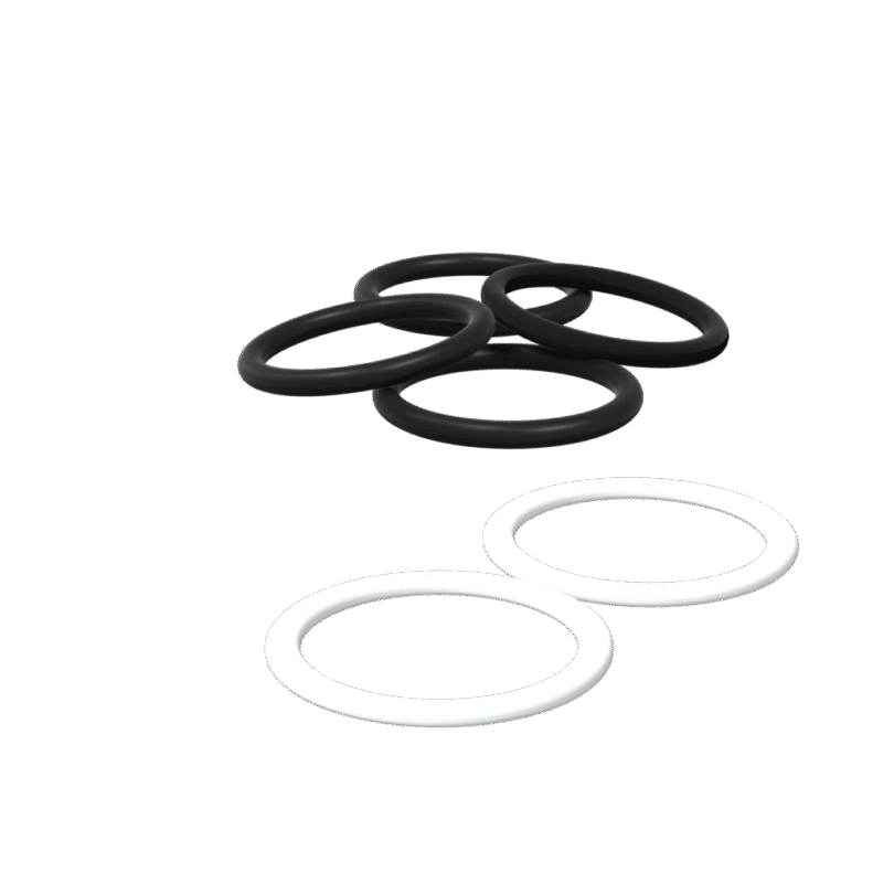 Five New PowerUP PTFE Nitrile O Rings—three black and two white—are shown on a plain light grey background. The black rings are grouped at the top, with the two white rings placed side by side below. Ideal for Pure Water Window Cleaning Systems.