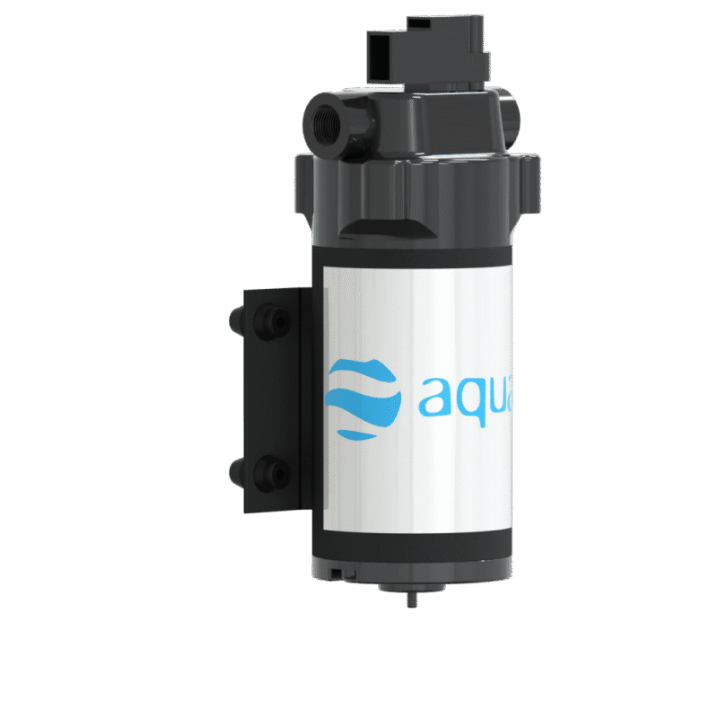 The 12V Aquatec Pump 100psi 6L/m, in black and silver, is wall-mounted with a blue aqua logo partially visible; designed for pure water window cleaning systems, shown against a plain white background.