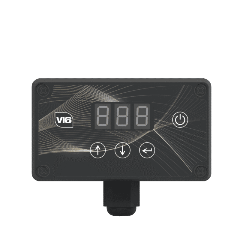 The V16 Digital Pump Controller by Spring Europe is a van-mounted system with a 3-digit LED display, four buttons (power, up, down, left arrow), and a stylish wave design on a sleek black background.