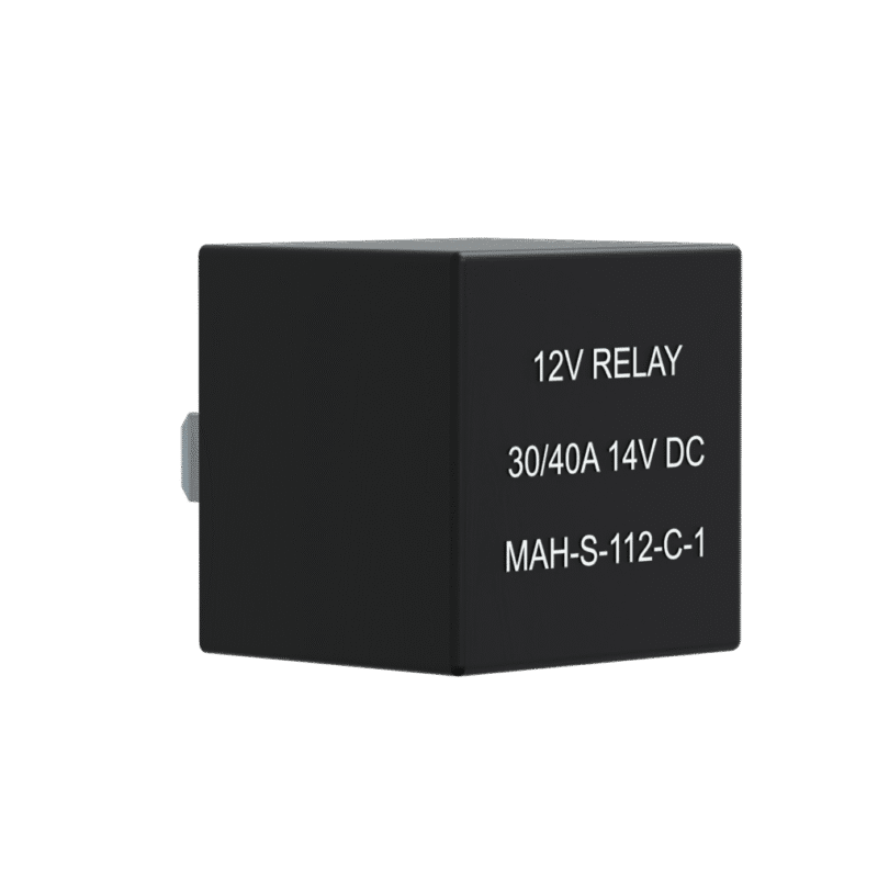 The PowerUP 12VDC 40a Relay, a black automotive relay with white labelling, is ideal for Window Cleaning Systems and is shown against a plain white background.