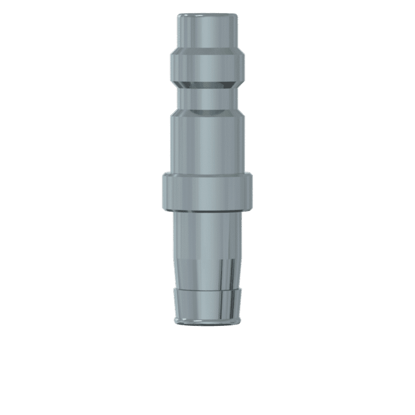 The PowerUP Series 26 Plug with 1/2" Hosetail, a metallic cylindrical component featuring multiple ridges and grooves, is vital for WFP or Pure Water window cleaning systems and is shown vertically against a plain white background.
