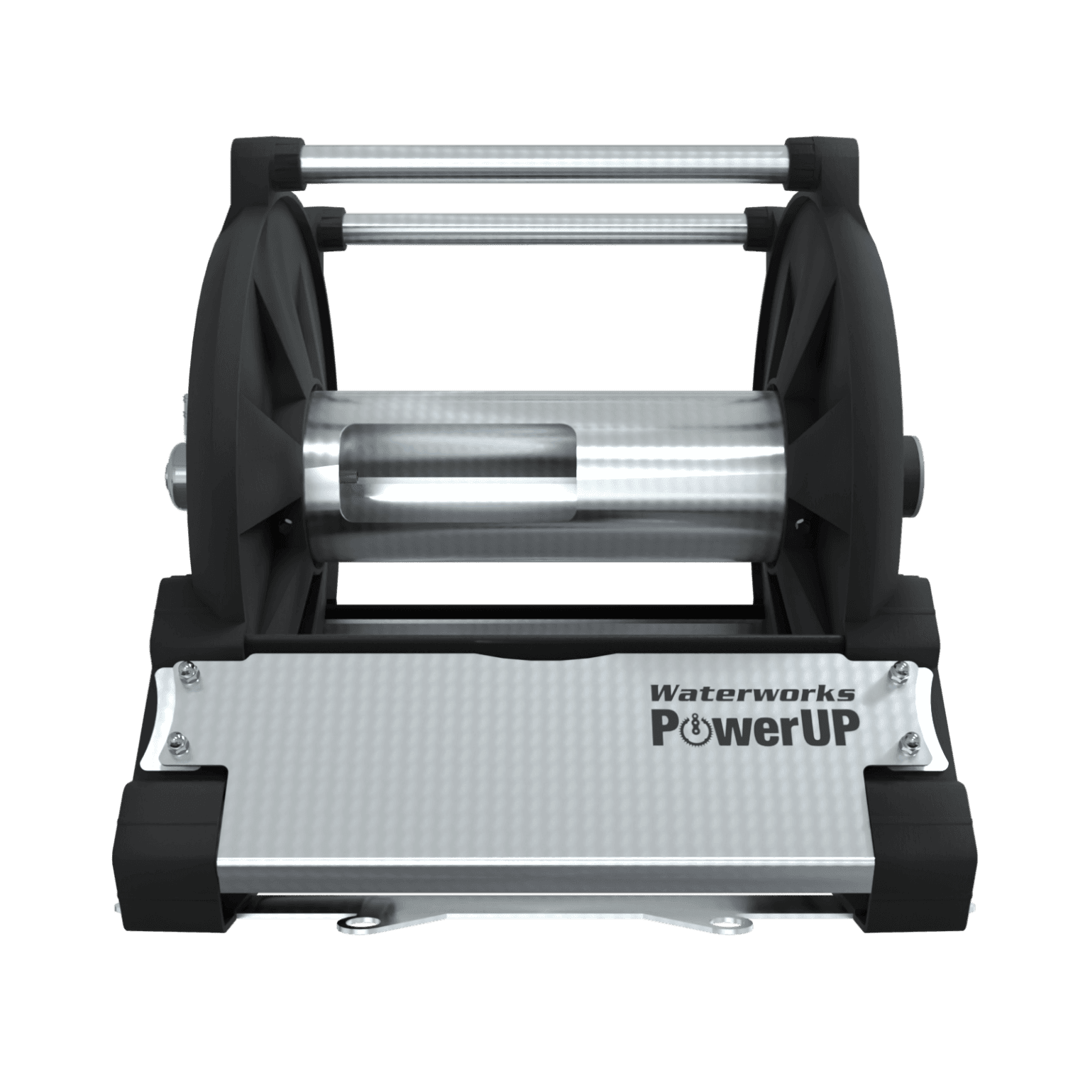 A sleek PowerUP XL Electric Hose Reel RHW with a modern design and durable black and silver frame, featuring a retractable pressure washer hose reel, engineered for precision—set against a white background.