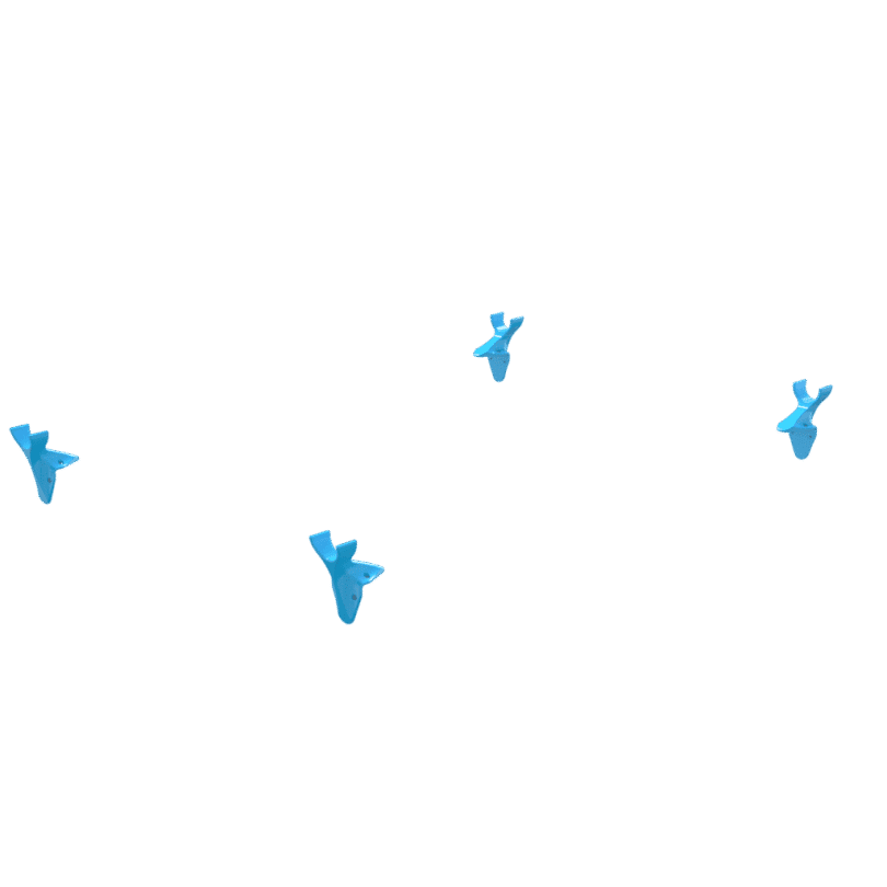 Four electric blue, abstract bird-shaped objects—Tank Mounted Pole Holsters Electric Blue—are evenly spaced against a plain white background, appearing to float in mid-air.